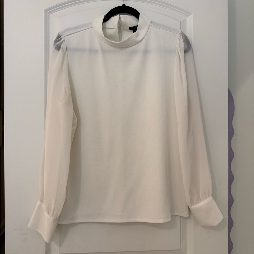 Ann Taylor Cream Boxy Blouse with Cuffed Sleeves and Mandarin Collar
